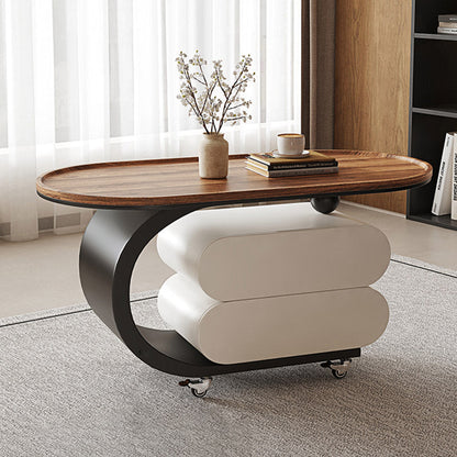 Modern Minimalist Solid Wood Carbon Steel MDF Top Oval Rolling Coffee Table With 2 Drawers For Living Room