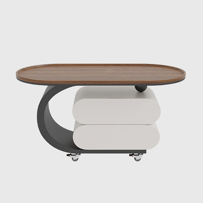 Modern Minimalist Solid Wood Carbon Steel MDF Top Oval Rolling Coffee Table With 2 Drawers For Living Room