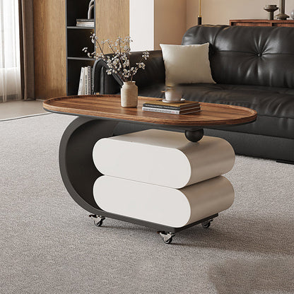 Modern Minimalist Solid Wood Carbon Steel MDF Top Oval Rolling Coffee Table With 2 Drawers For Living Room