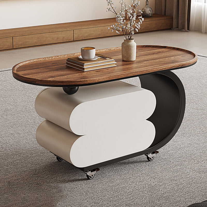 Modern Minimalist Solid Wood Carbon Steel MDF Top Oval Rolling Coffee Table With 2 Drawers For Living Room