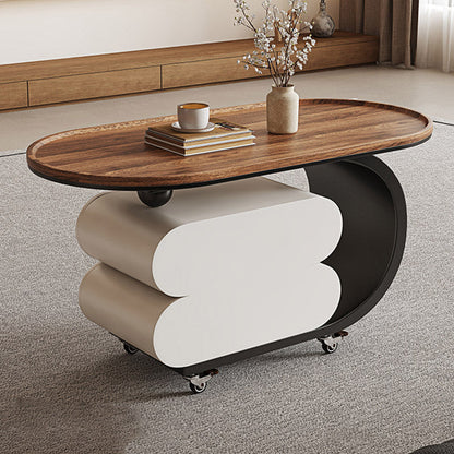 Modern Minimalist Solid Wood Carbon Steel MDF Top Oval Rolling Coffee Table With 2 Drawers For Living Room