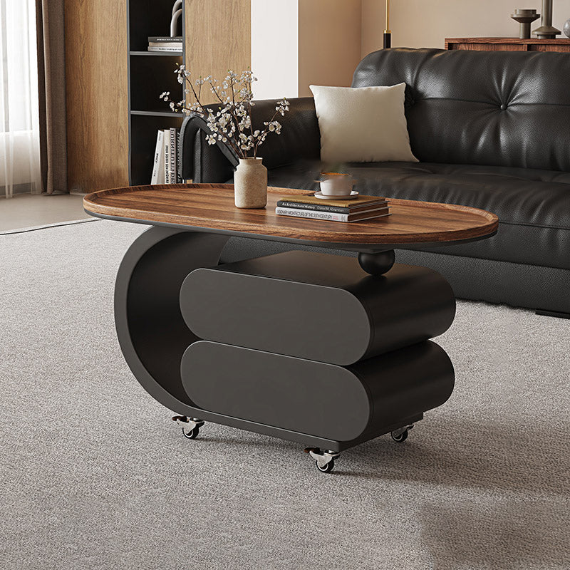 Modern Minimalist Solid Wood Carbon Steel MDF Top Oval Rolling Coffee Table With 2 Drawers For Living Room