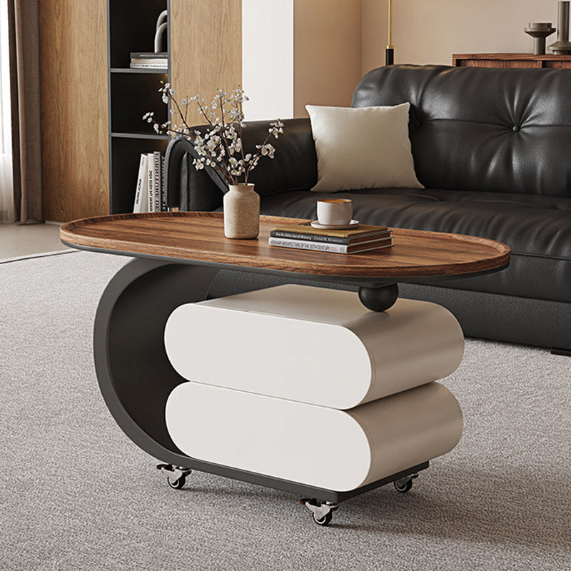 Modern Minimalist Solid Wood Carbon Steel MDF Top Oval Rolling Coffee Table With 2 Drawers For Living Room