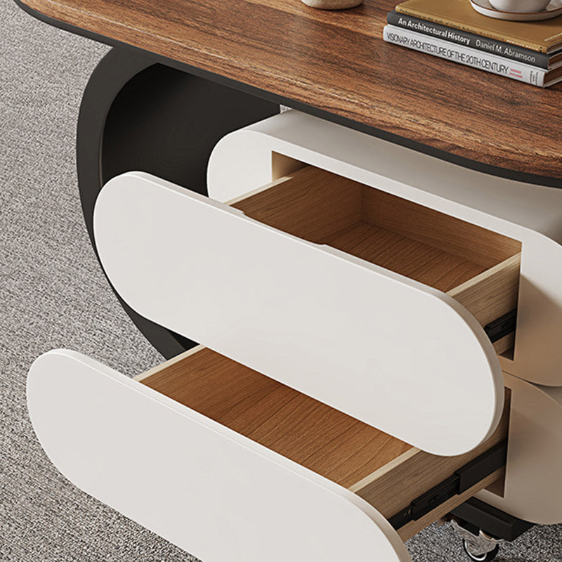 Modern Minimalist Solid Wood Carbon Steel MDF Top Oval Rolling Coffee Table With 2 Drawers For Living Room