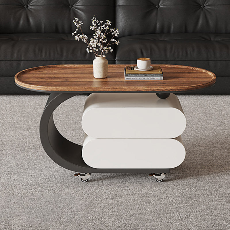 Modern Minimalist Solid Wood Carbon Steel MDF Top Oval Rolling Coffee Table With 2 Drawers For Living Room
