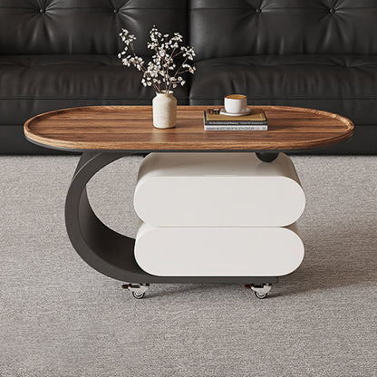 Modern Minimalist Solid Wood Carbon Steel MDF Top Oval Rolling Coffee Table With 2 Drawers For Living Room