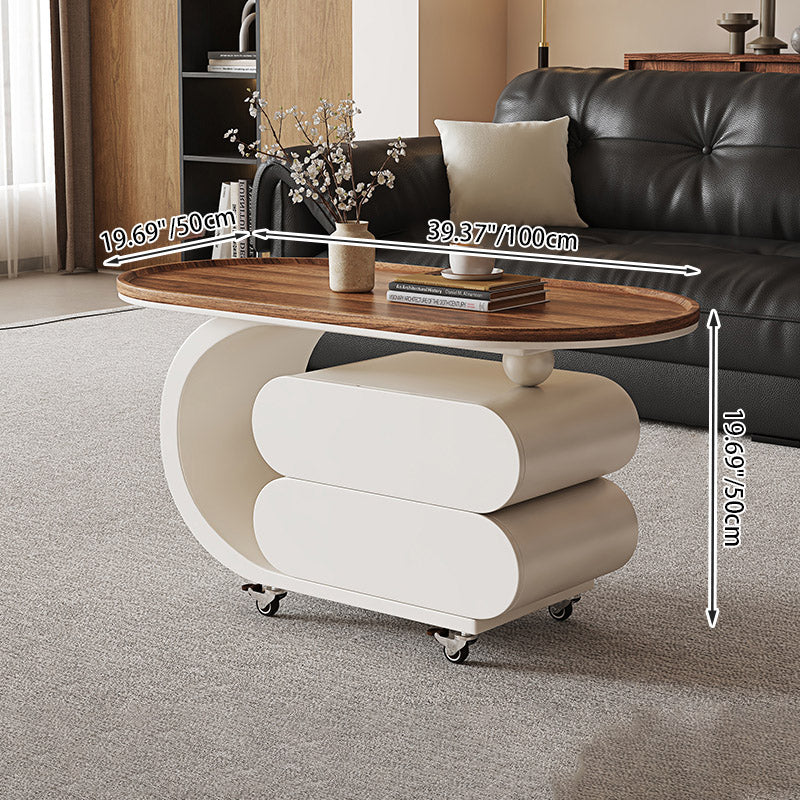 Modern Minimalist Solid Wood Carbon Steel MDF Top Oval Rolling Coffee Table With 2 Drawers For Living Room