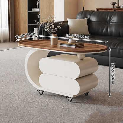 Modern Minimalist Solid Wood Carbon Steel MDF Top Oval Rolling Coffee Table With 2 Drawers For Living Room