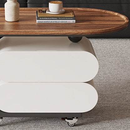 Modern Minimalist Solid Wood Carbon Steel MDF Top Oval Rolling Coffee Table With 2 Drawers For Living Room
