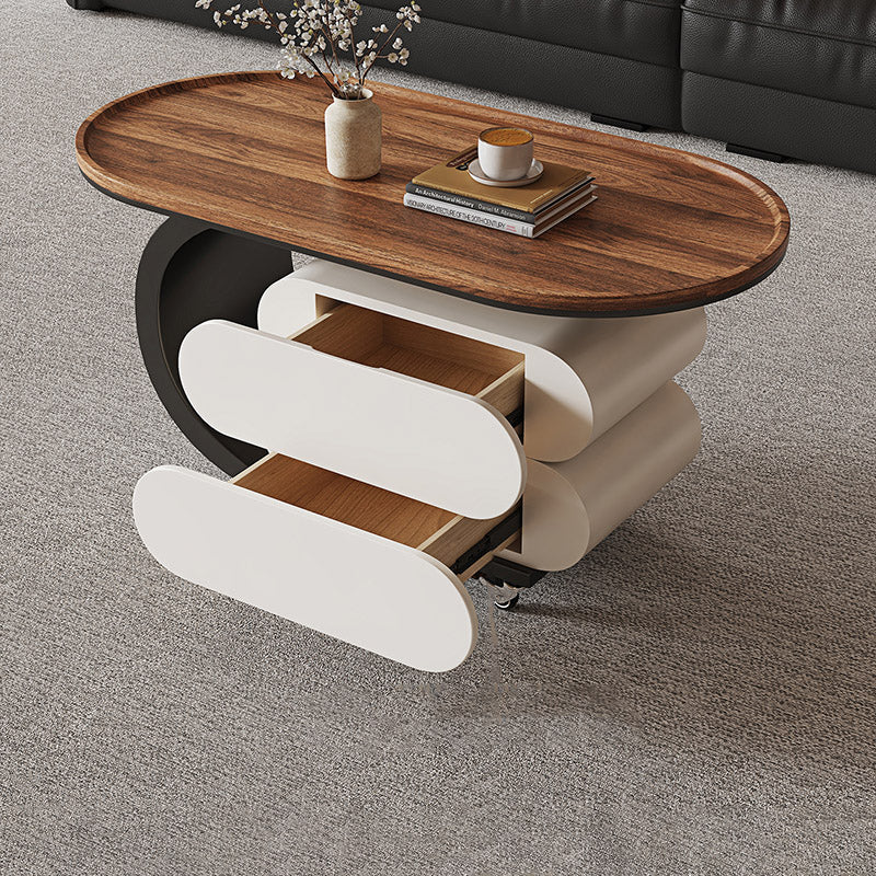 Modern Minimalist Solid Wood Carbon Steel MDF Top Oval Rolling Coffee Table With 2 Drawers For Living Room