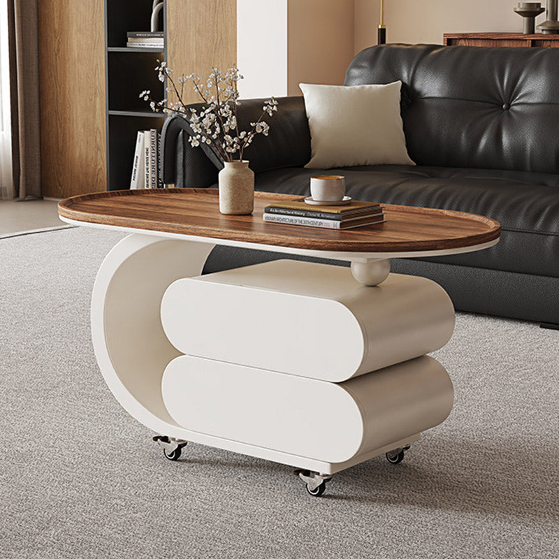 Modern Minimalist Solid Wood Carbon Steel MDF Top Oval Rolling Coffee Table With 2 Drawers For Living Room