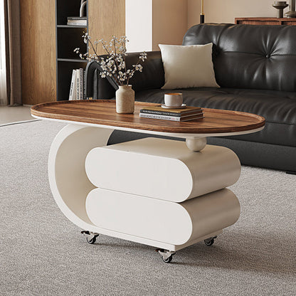Modern Minimalist Solid Wood Carbon Steel MDF Top Oval Rolling Coffee Table With 2 Drawers For Living Room