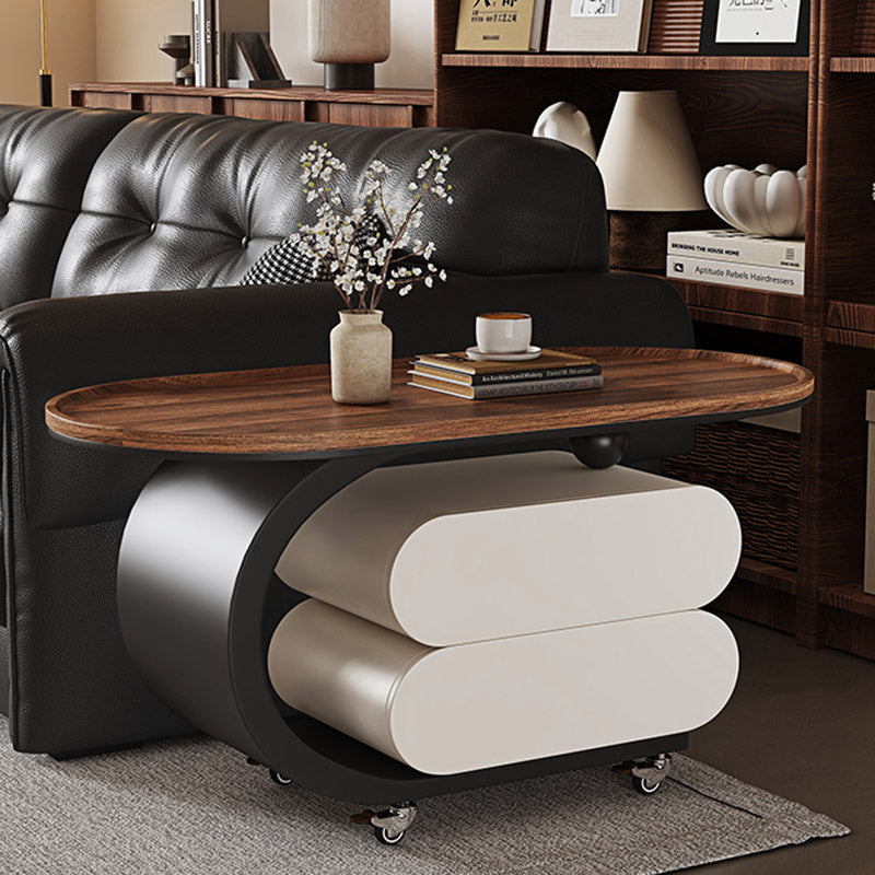 Modern Minimalist Solid Wood Carbon Steel MDF Top Oval Rolling Coffee Table With 2 Drawers For Living Room