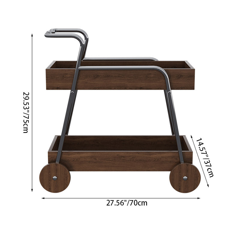 Modern Minimalist Walnut Wood & Metal Rectangular 2-Tier Rolling Cart Side Table For Living Room