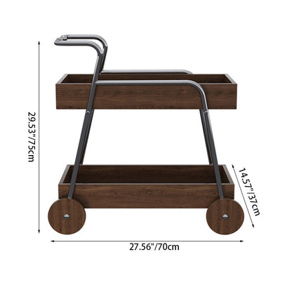 Modern Minimalist Walnut Wood & Metal Rectangular 2-Tier Rolling Cart Side Table For Living Room