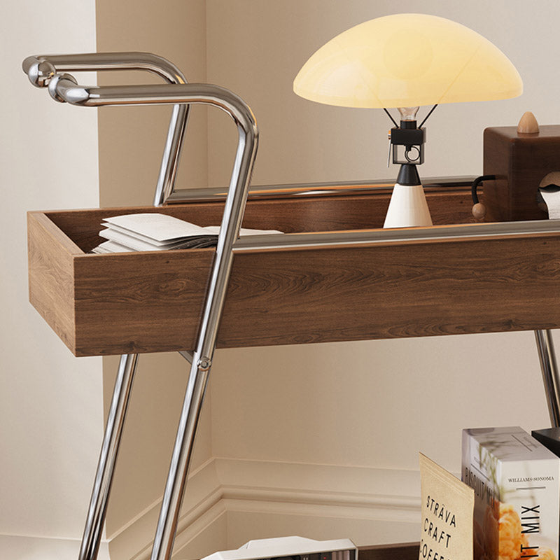 Modern Minimalist Walnut Wood & Metal Rectangular 2-Tier Rolling Cart Side Table For Living Room