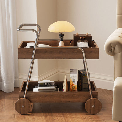 Modern Minimalist Walnut Wood & Metal Rectangular 2-Tier Rolling Cart Side Table For Living Room