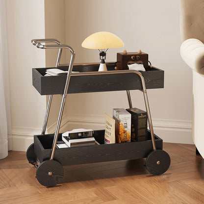 Modern Minimalist Walnut Wood & Metal Rectangular 2-Tier Rolling Cart Side Table For Living Room