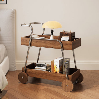 Modern Minimalist Walnut Wood & Metal Rectangular 2-Tier Rolling Cart Side Table For Living Room