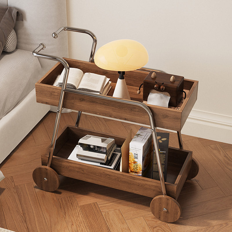 Modern Minimalist Walnut Wood & Metal Rectangular 2-Tier Rolling Cart Side Table For Living Room