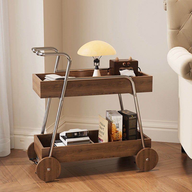 Modern Minimalist Walnut Wood & Metal Rectangular 2-Tier Rolling Cart Side Table For Living Room