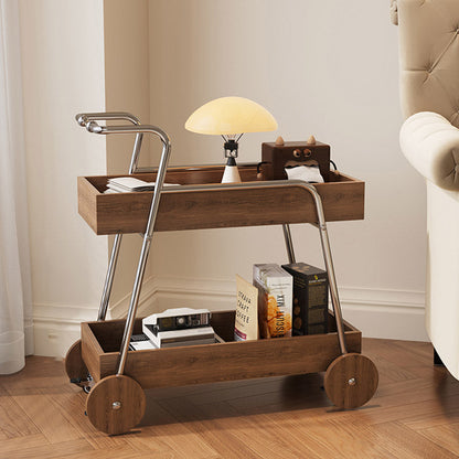 Modern Minimalist Walnut Wood & Metal Rectangular 2-Tier Rolling Cart Side Table For Living Room