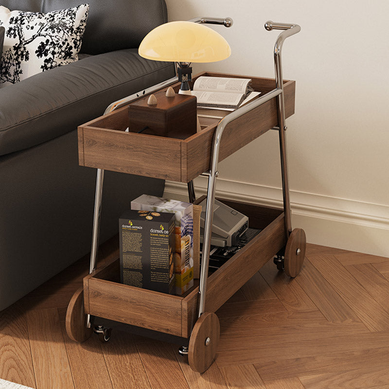 Modern Minimalist Walnut Wood & Metal Rectangular 2-Tier Rolling Cart Side Table For Living Room