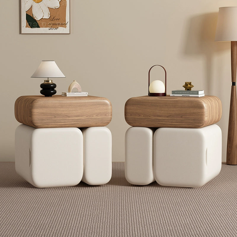Modern Minimalist Solid Wood & Plywood Faux Leather Rounded Rectangular Nightstand With 3 Drawer Storage For Bedroom