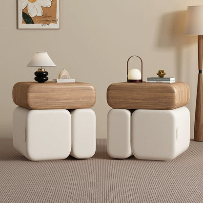 Modern Minimalist Solid Wood & Plywood Faux Leather Rounded Rectangular Nightstand With 3 Drawer Storage For Bedroom