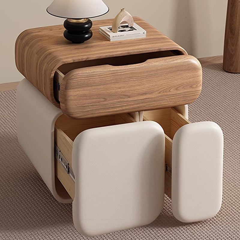Modern Minimalist Solid Wood & Plywood Faux Leather Rounded Rectangular Nightstand With 3 Drawer Storage For Bedroom