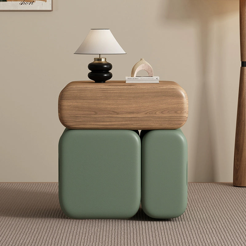 Modern Minimalist Solid Wood & Plywood Faux Leather Rounded Rectangular Nightstand With 3 Drawer Storage For Bedroom