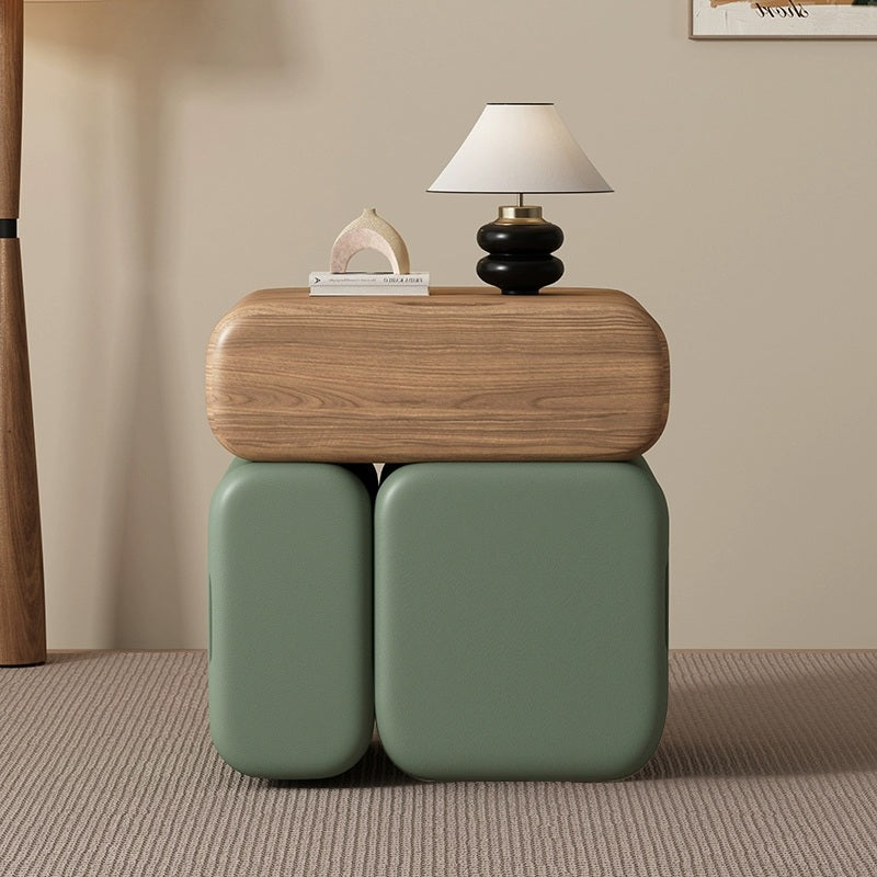 Modern Minimalist Solid Wood & Plywood Faux Leather Rounded Rectangular Nightstand With 3 Drawer Storage For Bedroom