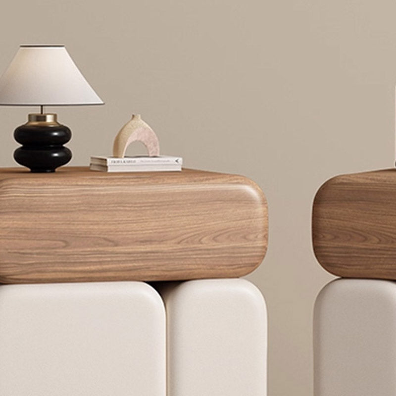 Modern Minimalist Solid Wood & Plywood Faux Leather Rounded Rectangular Nightstand With 3 Drawer Storage For Bedroom