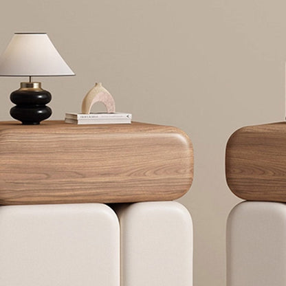 Modern Minimalist Solid Wood & Plywood Faux Leather Rounded Rectangular Nightstand With 3 Drawer Storage For Bedroom