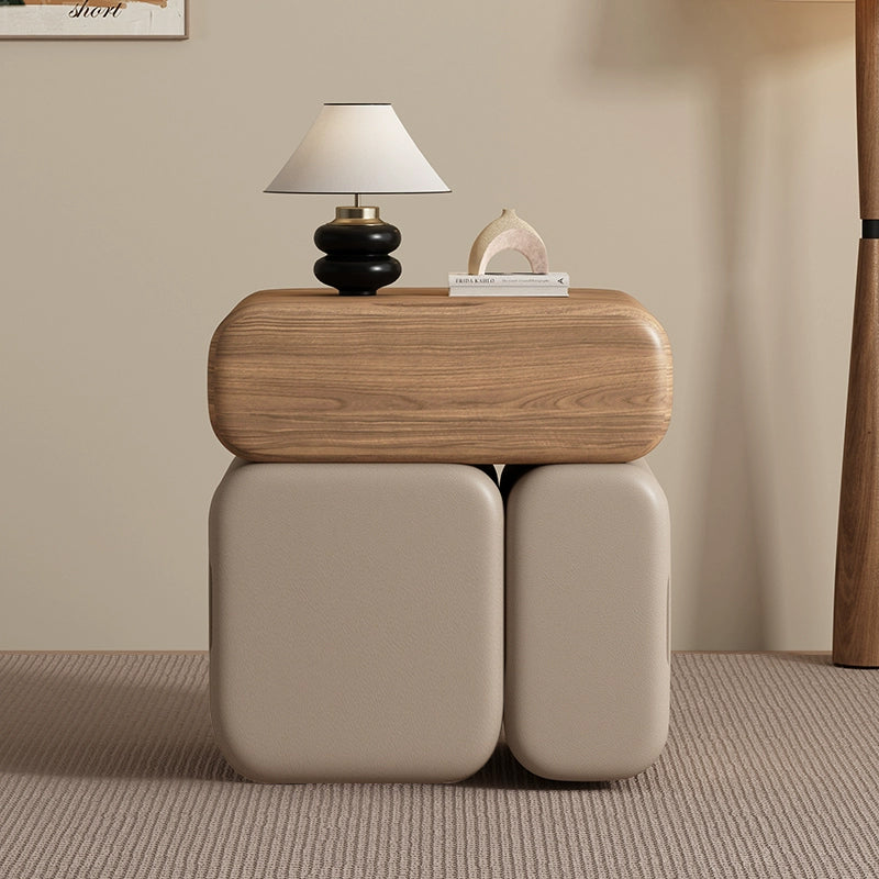 Modern Minimalist Solid Wood & Plywood Faux Leather Rounded Rectangular Nightstand With 3 Drawer Storage For Bedroom