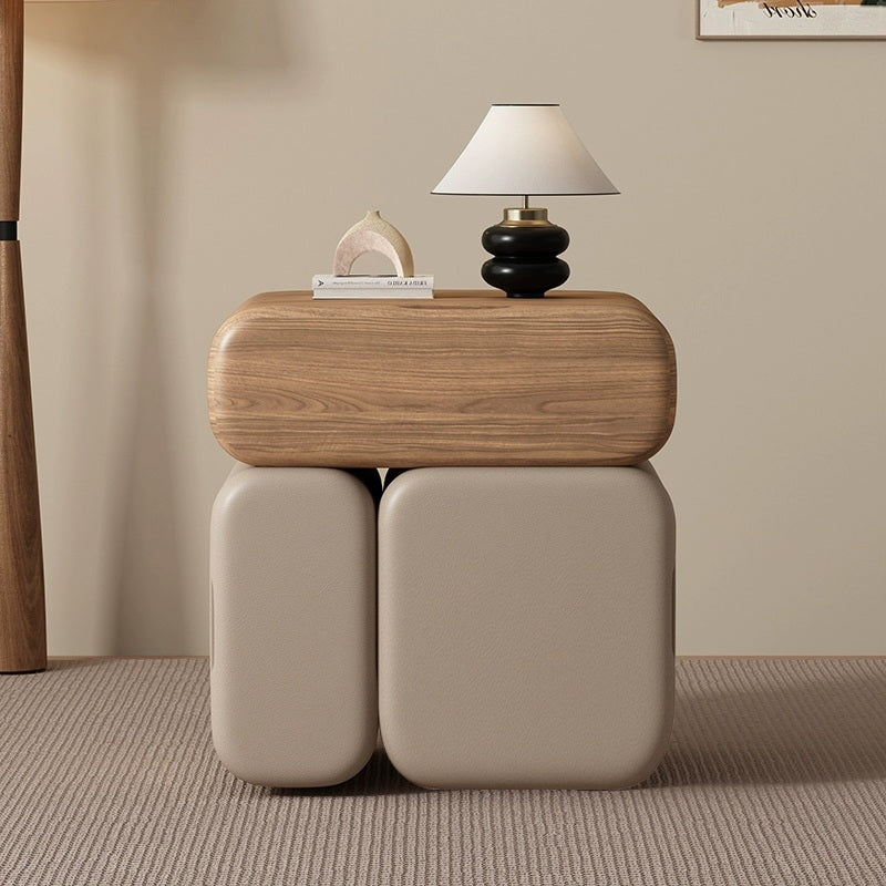 Modern Minimalist Solid Wood & Plywood Faux Leather Rounded Rectangular Nightstand With 3 Drawer Storage For Bedroom