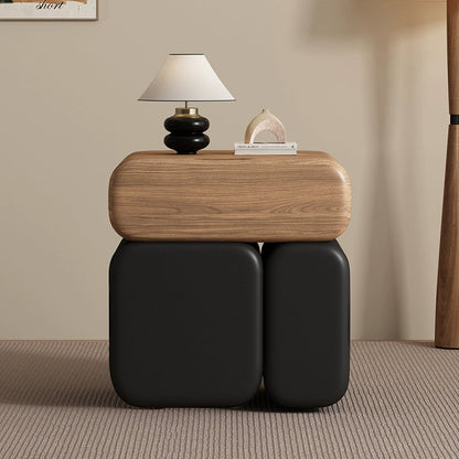 Modern Minimalist Solid Wood & Plywood Faux Leather Rounded Rectangular Nightstand With 3 Drawer Storage For Bedroom