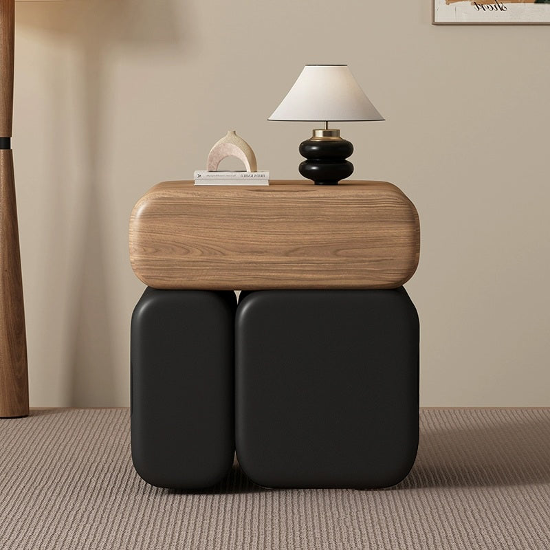 Modern Minimalist Solid Wood & Plywood Faux Leather Rounded Rectangular Nightstand With 3 Drawer Storage For Bedroom
