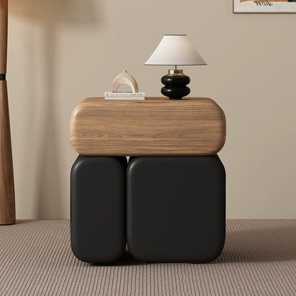 Modern Minimalist Solid Wood & Plywood Faux Leather Rounded Rectangular Nightstand With 3 Drawer Storage For Bedroom