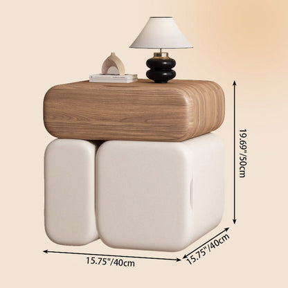 Modern Minimalist Solid Wood & Plywood Faux Leather Rounded Rectangular Nightstand With 3 Drawer Storage For Bedroom