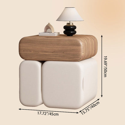 Modern Minimalist Solid Wood & Plywood Faux Leather Rounded Rectangular Nightstand With 3 Drawer Storage For Bedroom