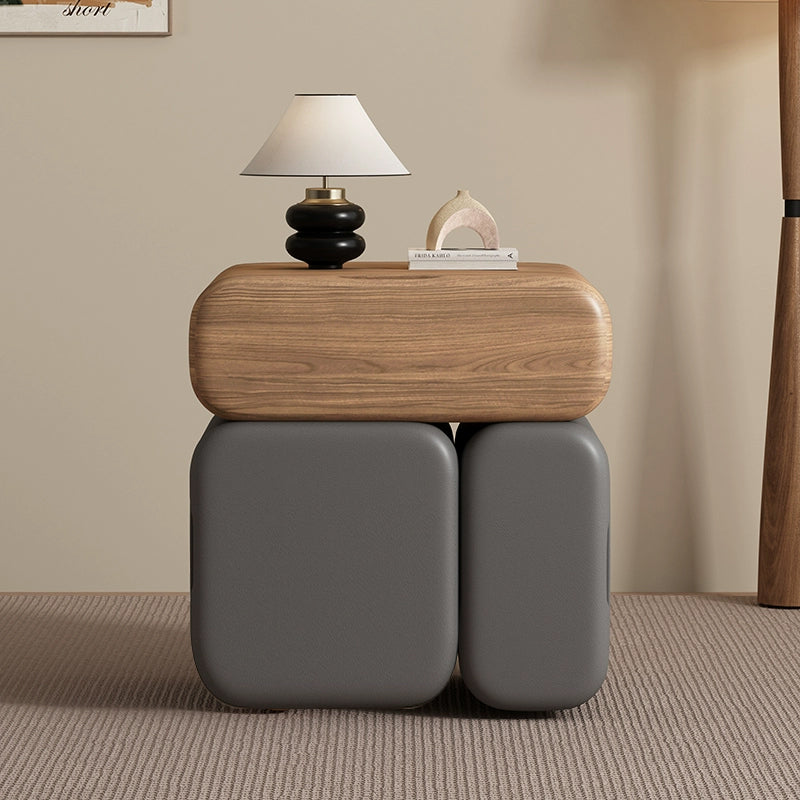 Modern Minimalist Solid Wood & Plywood Faux Leather Rounded Rectangular Nightstand With 3 Drawer Storage For Bedroom