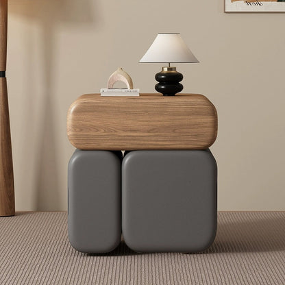 Modern Minimalist Solid Wood & Plywood Faux Leather Rounded Rectangular Nightstand With 3 Drawer Storage For Bedroom