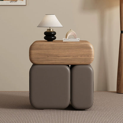 Modern Minimalist Solid Wood & Plywood Faux Leather Rounded Rectangular Nightstand With 3 Drawer Storage For Bedroom