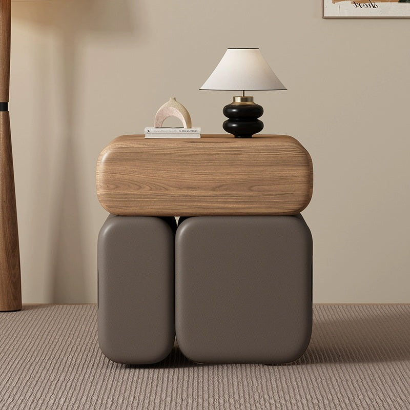 Modern Minimalist Solid Wood & Plywood Faux Leather Rounded Rectangular Nightstand With 3 Drawer Storage For Bedroom