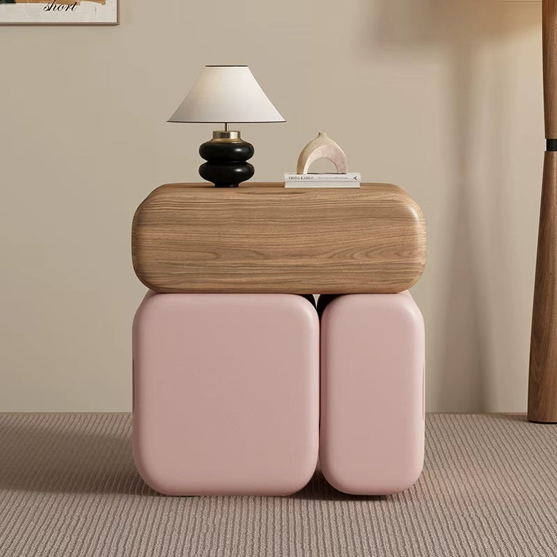 Modern Minimalist Solid Wood & Plywood Faux Leather Rounded Rectangular Nightstand With 3 Drawer Storage For Bedroom