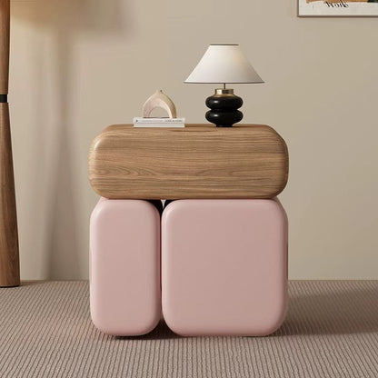Modern Minimalist Solid Wood & Plywood Faux Leather Rounded Rectangular Nightstand With 3 Drawer Storage For Bedroom