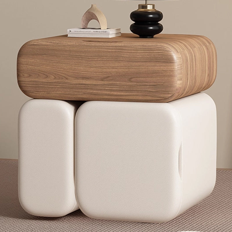 Modern Minimalist Solid Wood & Plywood Faux Leather Rounded Rectangular Nightstand With 3 Drawer Storage For Bedroom
