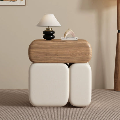 Modern Minimalist Solid Wood & Plywood Faux Leather Rounded Rectangular Nightstand With 3 Drawer Storage For Bedroom