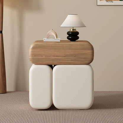 Modern Minimalist Solid Wood & Plywood Faux Leather Rounded Rectangular Nightstand With 3 Drawer Storage For Bedroom